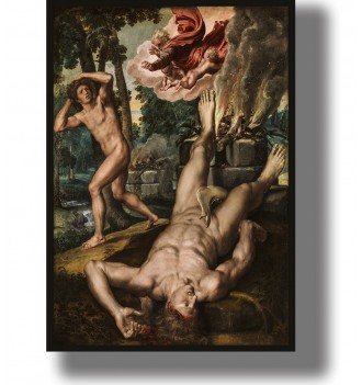 Biblical painting showing Abel lying dead beside the burning altar while Cain flees and God appears above.