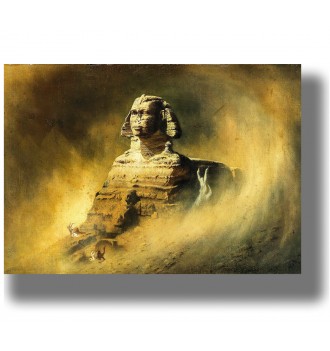Mysterious Great Sphinx of Giza emerging from desert sand in a dark atmospheric landscape