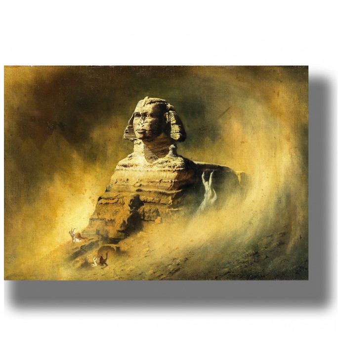 Mysterious Great Sphinx of Giza emerging from desert sand in a dark atmospheric landscape