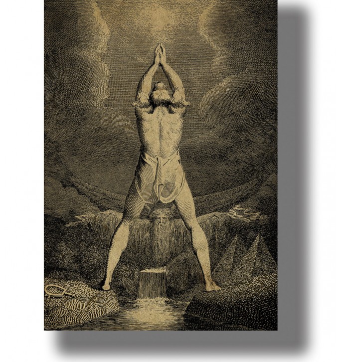 William Blake engraving of a dog-headed figure standing over the Nile with raised hands, pyramids and stormy clouds.