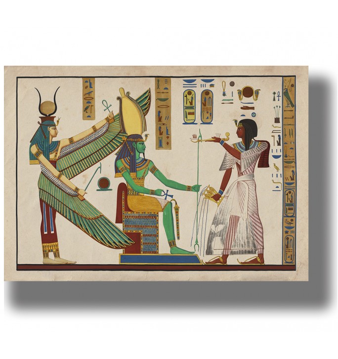 Ancient Egyptian scene of Ramses III before seated Osiris with winged Isis behind him and hieroglyphs around the figures.