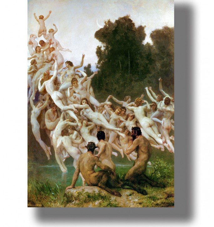 Group of nude mountain nymphs dancing above a forest pool with three satyrs watching below.