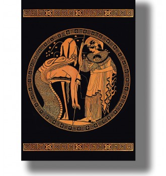 Ancient Greek illustration showing Jason emerging from the mouth of a dragon while Athena stands beside him.