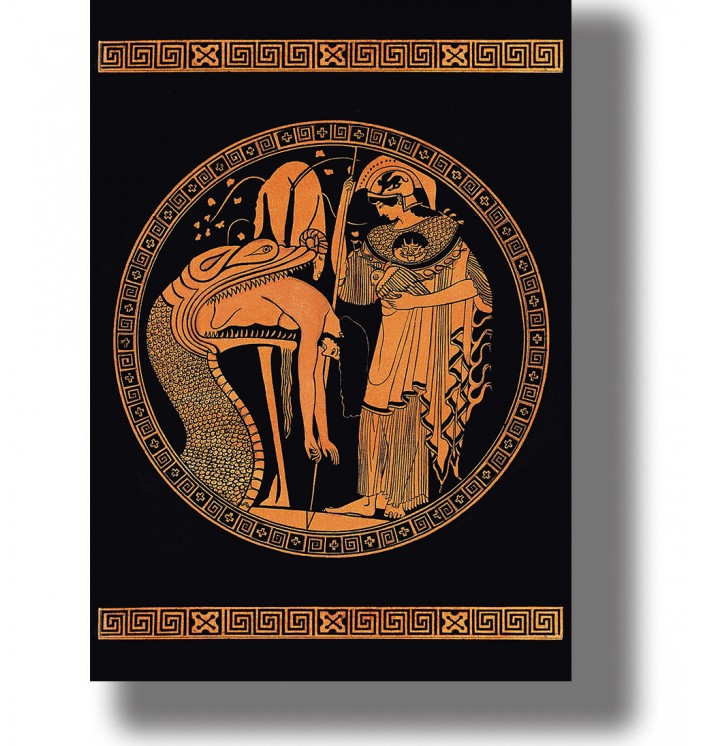 Ancient Greek illustration showing Jason emerging from the mouth of a dragon while Athena stands beside him.