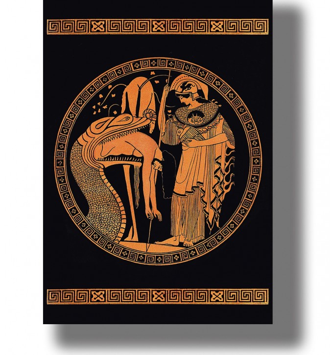 Ancient Greek illustration showing Jason emerging from the mouth of a dragon while Athena stands beside him.