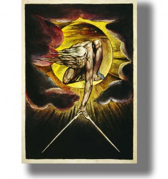 William Blake illustration of a bearded figure crouching in a glowing sphere and measuring darkness with a pair of compasses