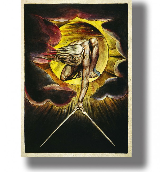 William Blake illustration of a bearded figure crouching in a glowing sphere and measuring darkness with a pair of compasses