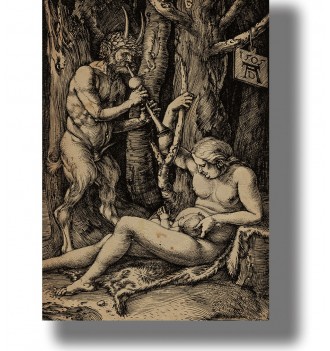 Albrecht Dürer engraving of a horned satyr playing a reed pipe beside a seated nude nymph nursing a child in a forest