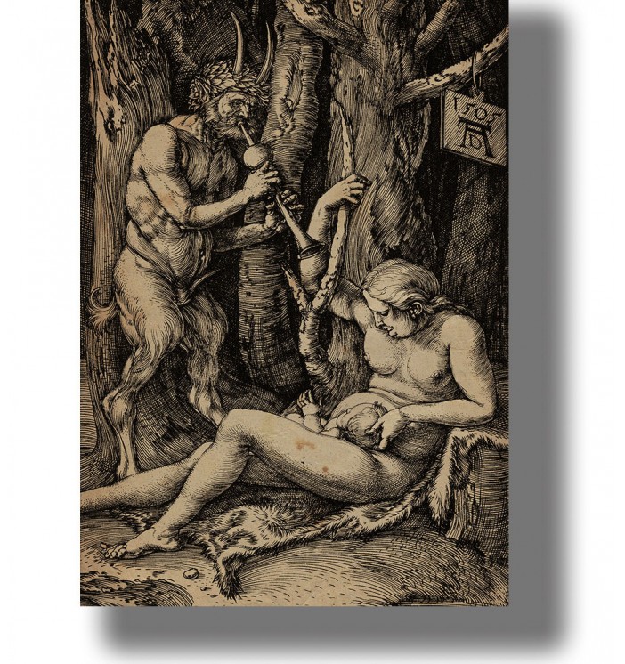 Albrecht Dürer engraving of a horned satyr playing a reed pipe beside a seated nude nymph nursing a child in a forest