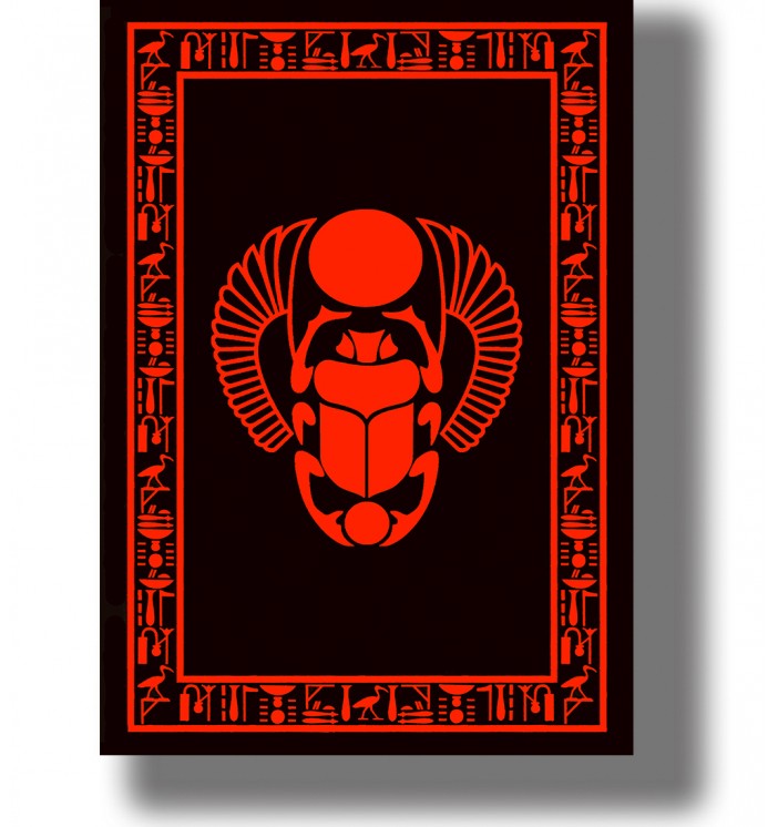 Stylized sacred Egyptian scarab with a solar disk, spread wings and a decorative border of ancient hieroglyphic symbols.