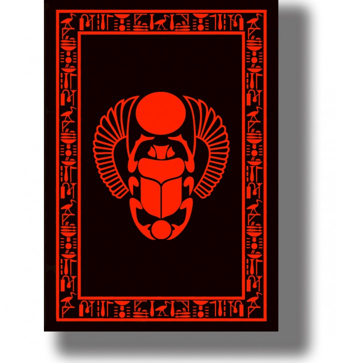 Stylized sacred Egyptian scarab with a solar disk, spread wings and a decorative border of ancient hieroglyphic symbols.