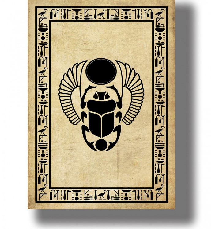 Stylized sacred Egyptian scarab with a solar disk, spread wings and a decorative border of ancient hieroglyphic symbols.