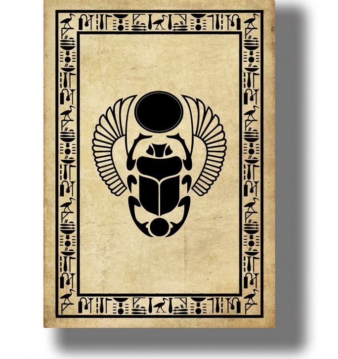 Stylized sacred Egyptian scarab with a solar disk, spread wings and a decorative border of ancient hieroglyphic symbols.