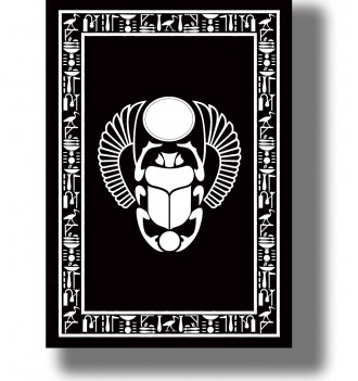 Stylized sacred Egyptian scarab with a solar disk, spread wings and a decorative border of ancient hieroglyphic symbols.