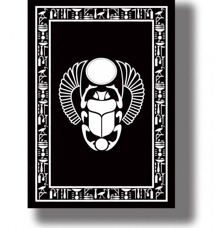 Stylized sacred Egyptian scarab with a solar disk, spread wings and a decorative border of ancient hieroglyphic symbols.