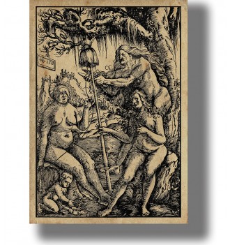 Renaissance woodcut showing the Three Fates Clotho, Lachesis and Atropos working with the thread of human life beneath a tree.