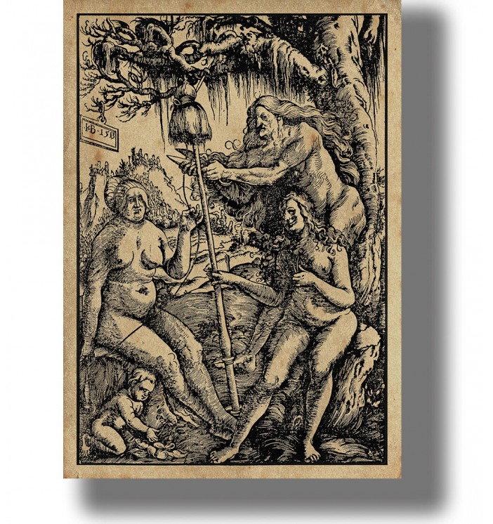 Renaissance woodcut showing the Three Fates Clotho, Lachesis and Atropos working with the thread of human life beneath a tree.