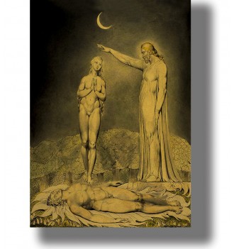 William Blake illustration of Eve standing beside sleeping Adam as a divine figure blesses her beneath a crescent moon.