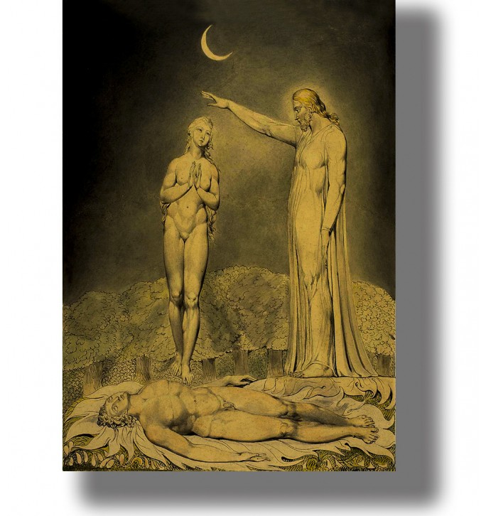 William Blake illustration of Eve standing beside sleeping Adam as a divine figure blesses her beneath a crescent moon.