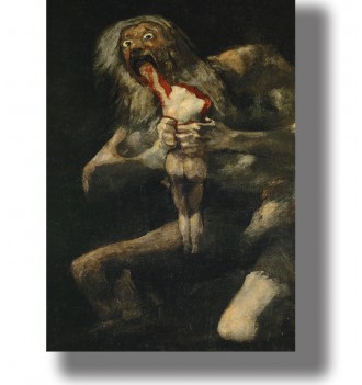 Francisco Goya painting of Saturn biting into the bloody body of his son against a nearly black background.
