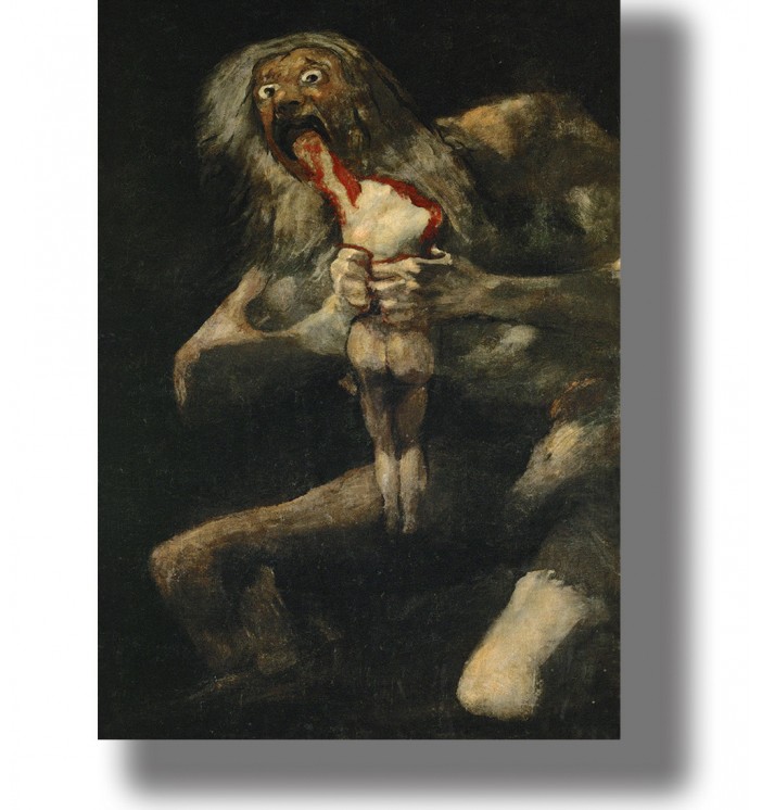 Francisco Goya painting of Saturn biting into the bloody body of his son against a nearly black background.