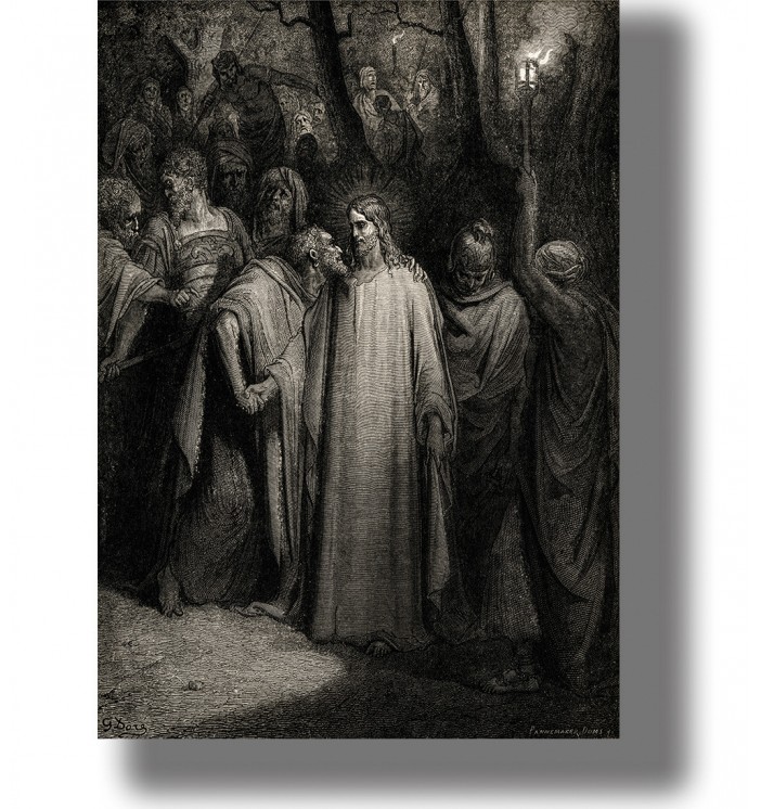 Black-and-white biblical engraving of Judas kissing Jesus as soldiers approach with torches at night.