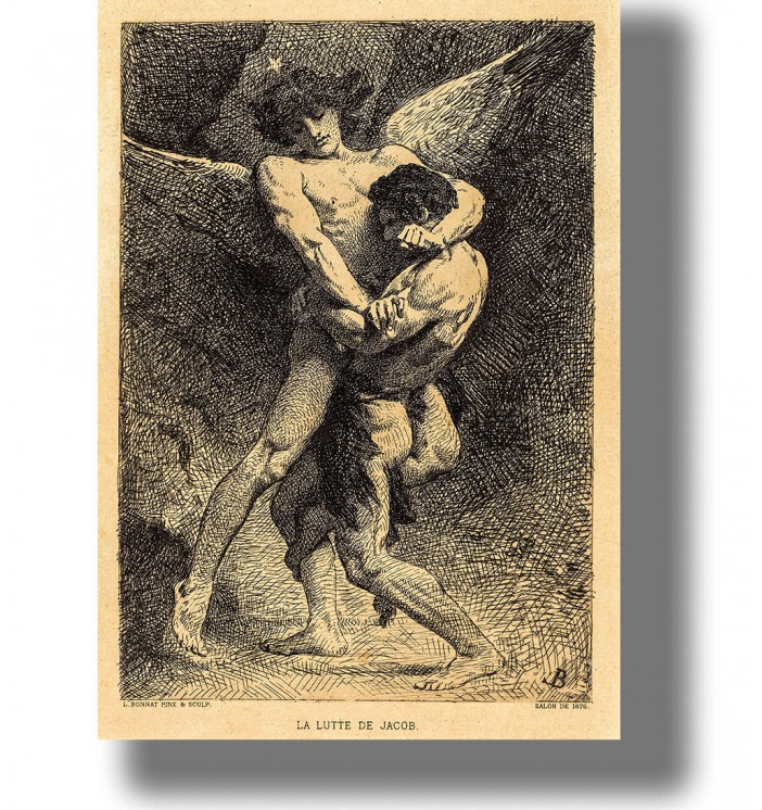 Etching of Jacob wrestling an angel with wide wings in a dark biblical scene.