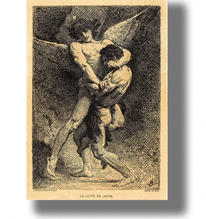 Etching of Jacob wrestling an angel with wide wings in a dark biblical scene.