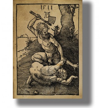 Old biblical illustration of Cain killing Abel beside a tree, dark antique style.