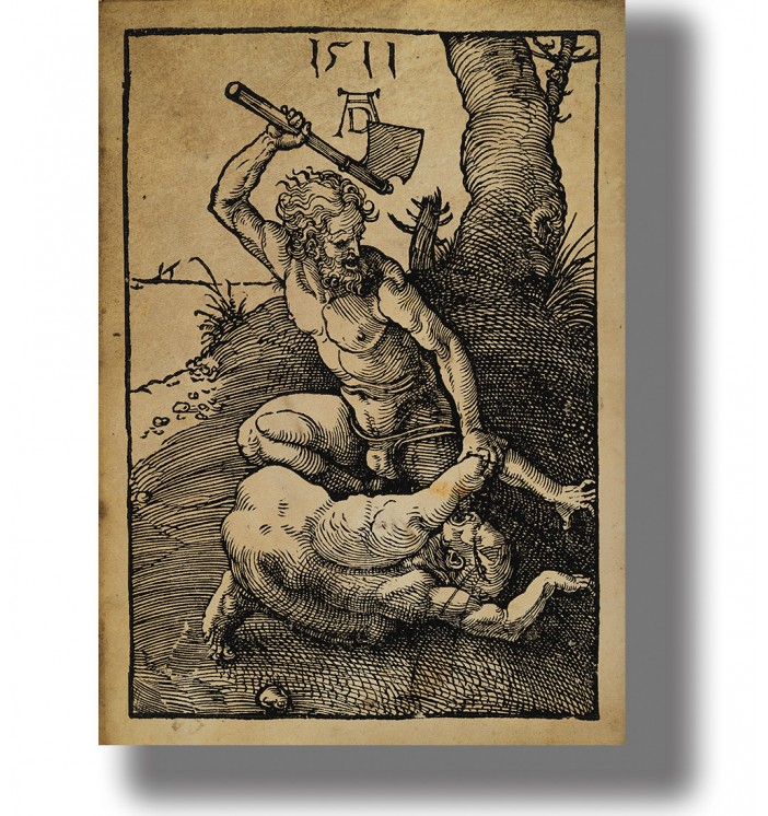 Old biblical illustration of Cain killing Abel beside a tree, dark antique style.