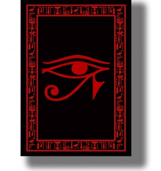 Red Eye of Horus symbol on a black background framed by Egyptian hieroglyphic ornament