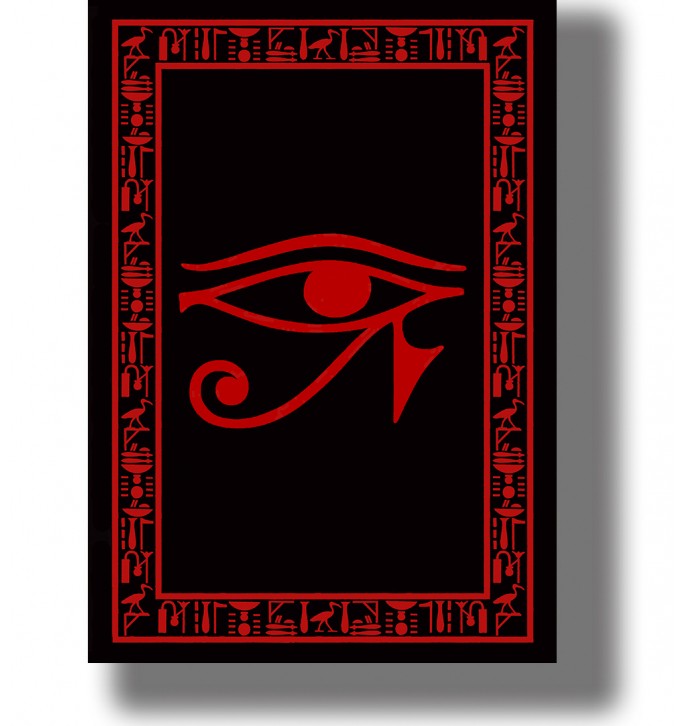 Red Eye of Horus symbol on a black background framed by Egyptian hieroglyphic ornament