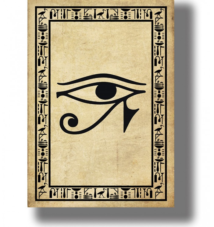 Red Eye of Horus symbol on a black background framed by Egyptian hieroglyphic ornament