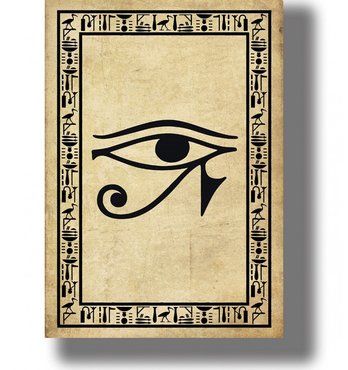 Red Eye of Horus symbol on a black background framed by Egyptian hieroglyphic ornament