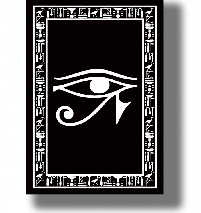 Red Eye of Horus symbol on a black background framed by Egyptian hieroglyphic ornament