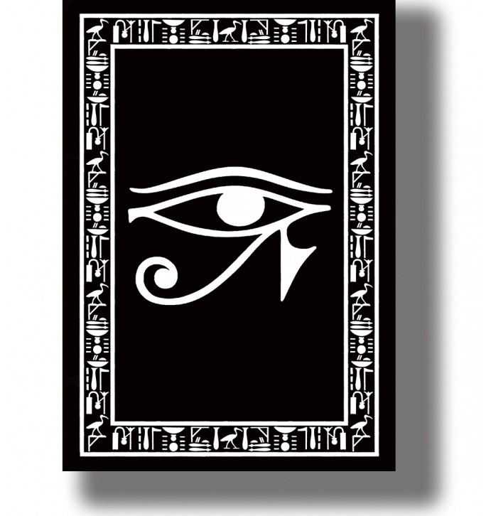 Red Eye of Horus symbol on a black background framed by Egyptian hieroglyphic ornament