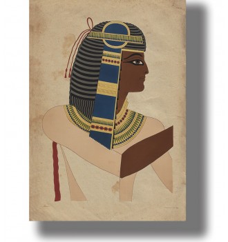 Antique-style illustration of an Egyptian pharaoh in profile wearing a striped royal headdress and a broad jeweled collar.