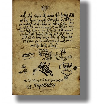 Antique document print showing the alleged pact of Urban Grandier with the Devil, handwritten text, and occult signatures.