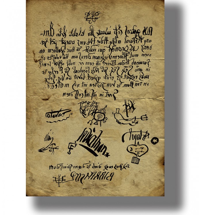 Antique document print showing the alleged pact of Urban Grandier with the Devil, handwritten text, and occult signatures.