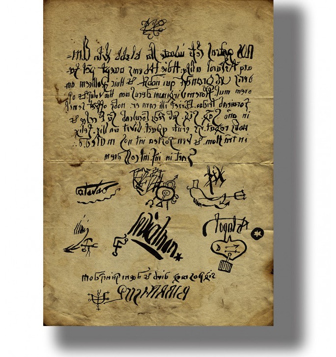 Antique document print showing the alleged pact of Urban Grandier with the Devil, handwritten text, and occult signatures.