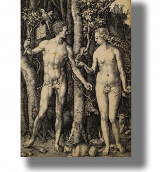 Albrecht Dürer engraving of nude Adam and Eve beside the Tree of Knowledge as the serpent offers fruit to Eve.