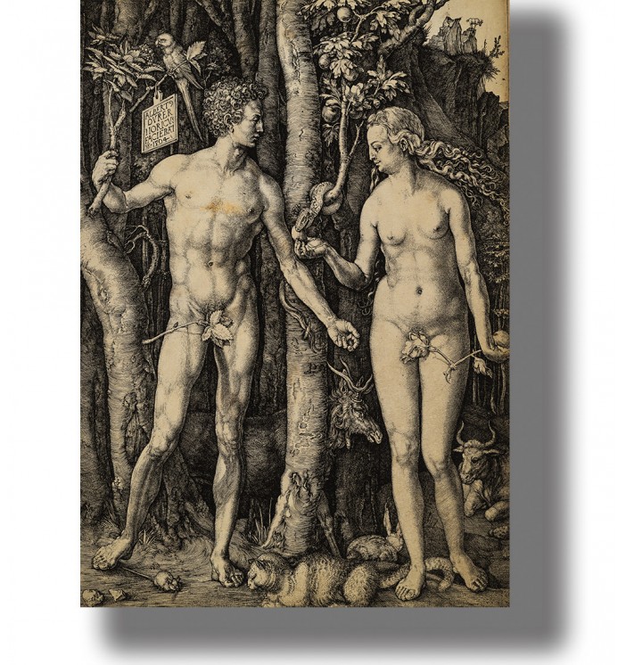 Albrecht Dürer engraving of nude Adam and Eve beside the Tree of Knowledge as the serpent offers fruit to Eve.