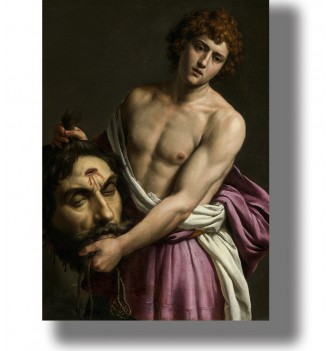 Baroque painting of young David holding the head of Goliath, with a dark background and red-purple drapery.