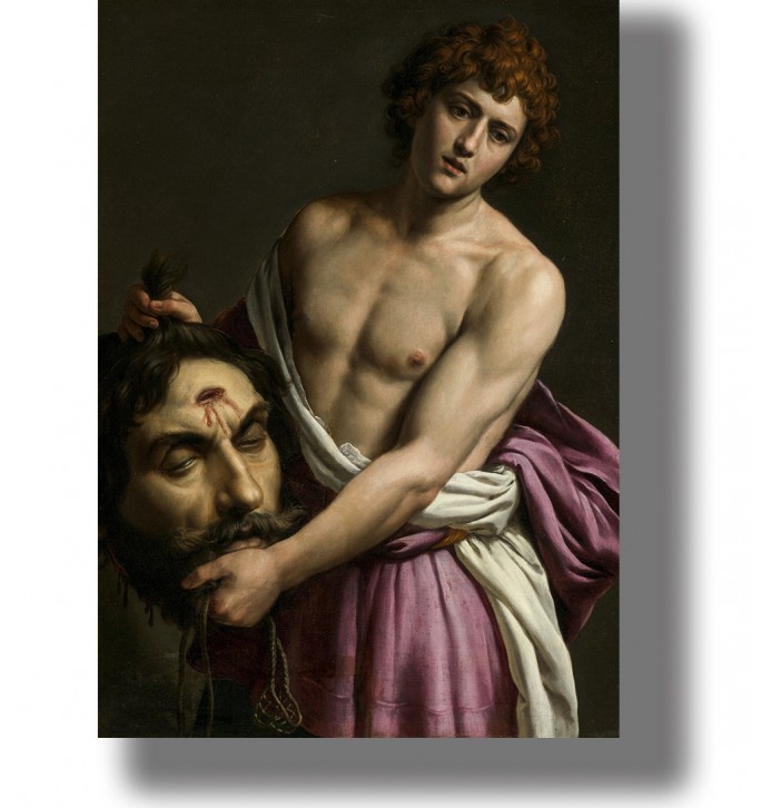 Baroque painting of young David holding the head of Goliath, with a dark background and red-purple drapery.