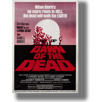 Dawn of the Dead poster showing a white zombie head with exposed red flesh, large red title and pink background