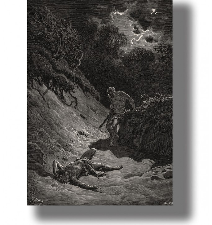 Black-and-white biblical illustration of Cain standing over Abel’s body under a stormy sky, after Gustave Doré.