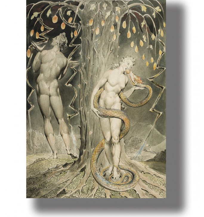 Biblical scene with Eve wrapped in the serpent’s coils, accepting the fruit as Adam stands nearby in Eden.