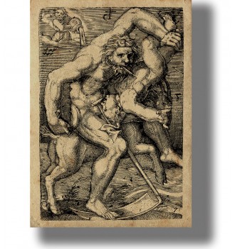 Old engraving of nude Saturn riding a goat and devouring a naked child, with a large scythe lying on the ground.