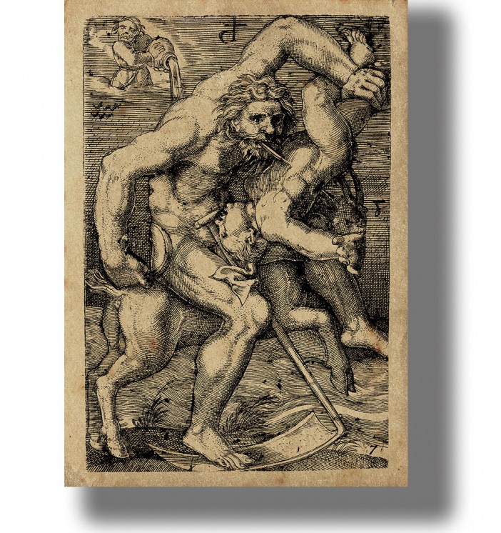 Old engraving of nude Saturn riding a goat and devouring a naked child, with a large scythe lying on the ground.