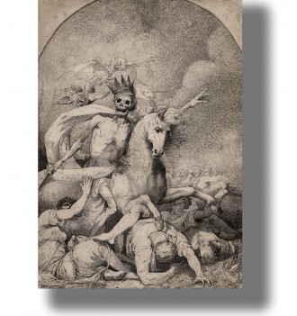 Old drawing showing crowned Death riding a pale horse over fallen people in an apocalyptic scene.
